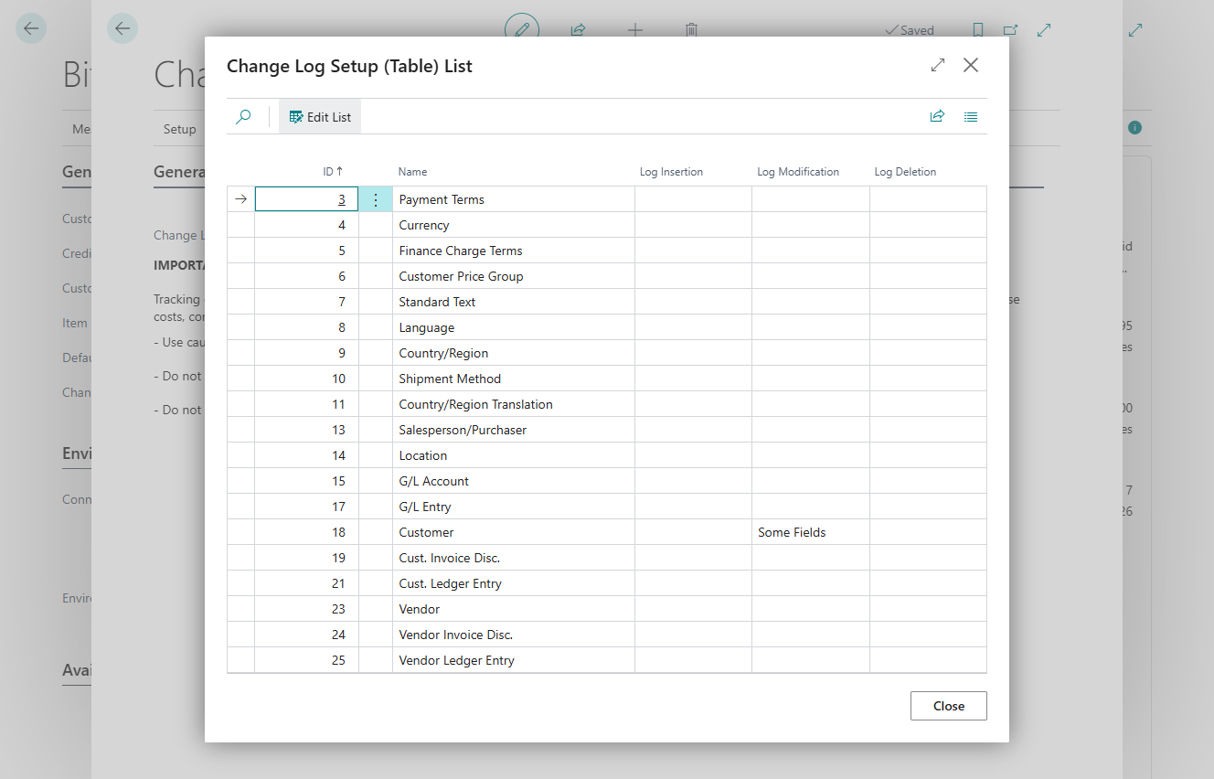 Change Log Setup (Table) List: Customer logs some fields