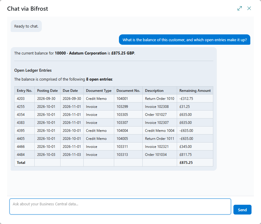 The chat opened with Focus on a full page, with an answer that lists the customer's open entries in a table