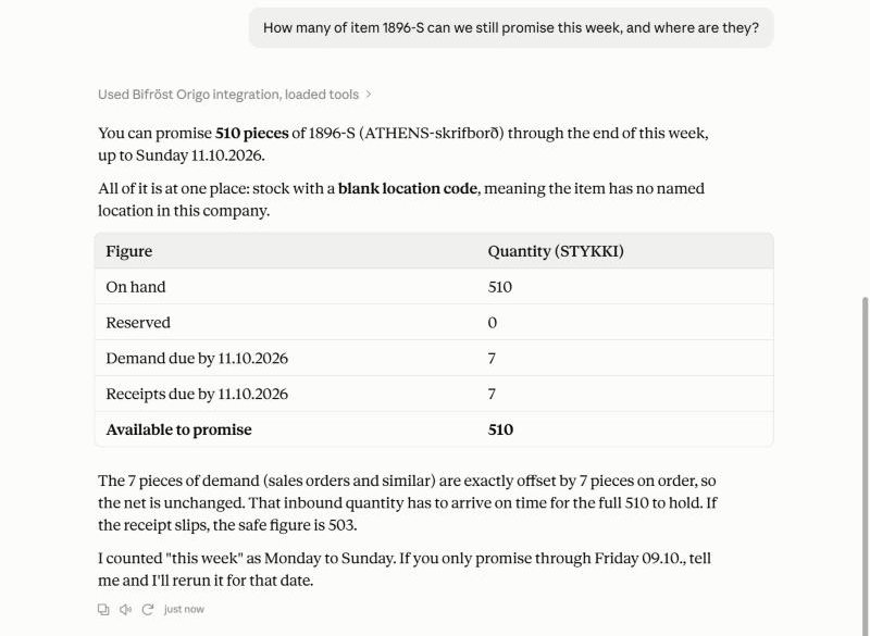 A real answer in Claude: how many of item 1896-S can be promised this week