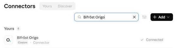 Claude's list of connectors, with Bifröst Origo connected