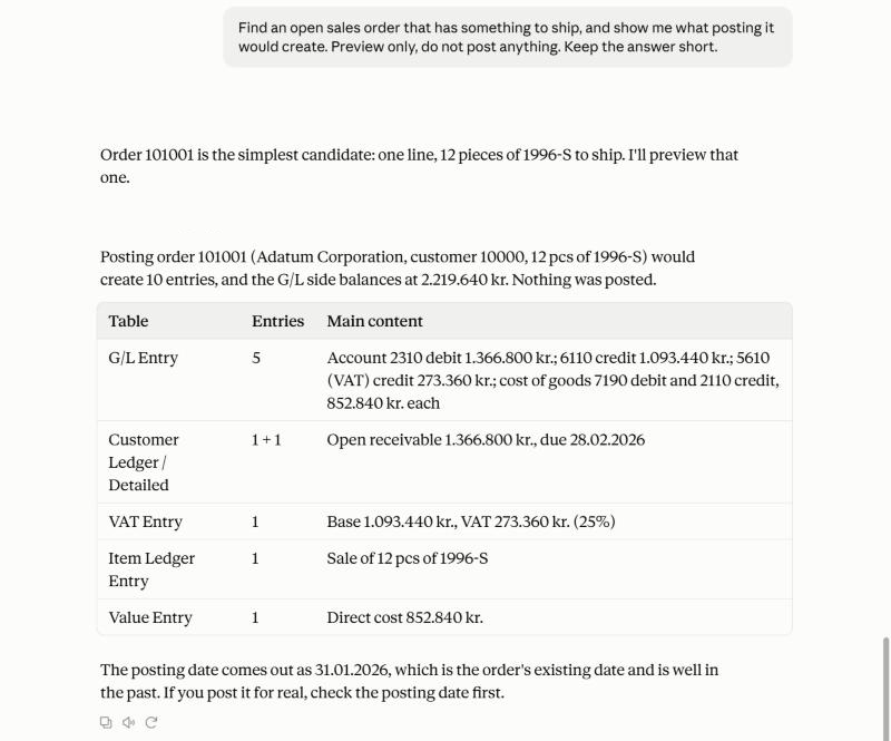 Claude's preview of posting a sales order: the entries it would create, and nothing posted