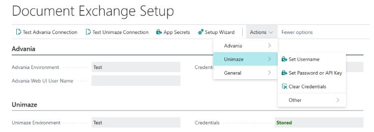 Document Exchange Setup with the Unimaze actions open: Set Username, Set Password or API Key and Clear Credentials, and Test Unimaze Connection in the action bar