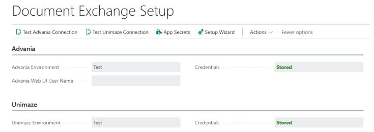 Document Exchange Setup with the Advania and Unimaze groups, each with its environment set to Test and the credentials stored
