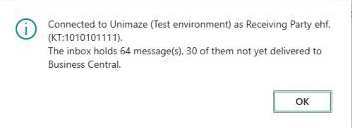 The message after Test Unimaze Connection: connected to the Unimaze Test environment as the company's party, with the number of messages in the inbox and how many are not yet in Business Central
