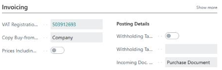 The Invoicing FastTab of a vendor card, with Incoming Doc. Posting Mode set to Purchase Document
