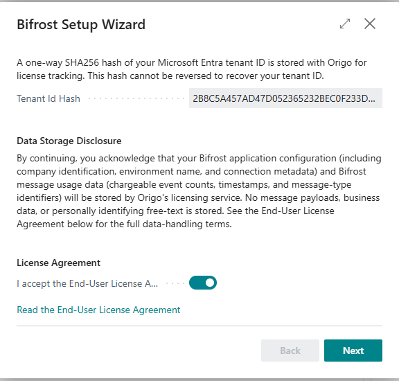Step 1 of the wizard, with the agreement accepted