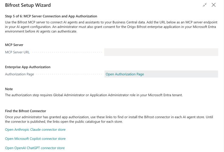 Step 5 of the wizard: the MCP server address (hidden in this picture), the authorization page and the connector stores