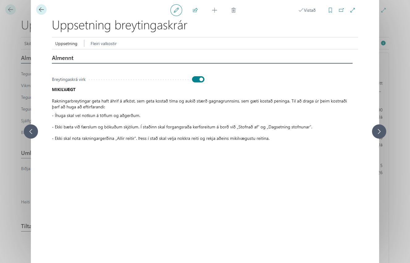 Uppsetning breytingaskrár