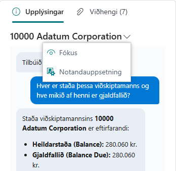 Valmynd spjallsins með aðgerðunum Fókus og Notandauppsetning