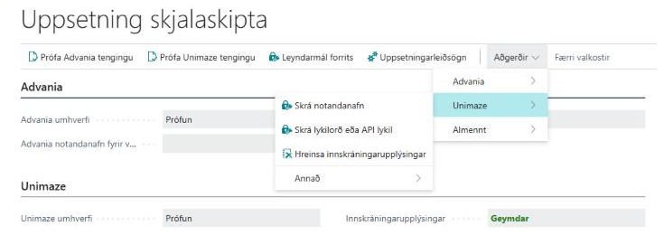 Uppsetning skjalaskipta með aðgerðir Unimaze opnar: Skrá notandanafn, Skrá lykilorð eða API lykil og Hreinsa innskráningarupplýsingar, og Prófa Unimaze tengingu á aðgerðastikunni